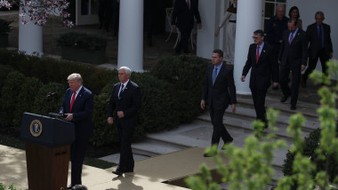US President Donald Trump and US Vice President Mike Pence arrive for the President to declare a national emergency due to the COVID-19 coronavirus pandemic in the Rose Garden of the White House in Washington, DC. White House press conference on the Coronavirus pandemic, Washington DC, USA - 13 Mar 2020, Image: 506136150, License: Rights-managed, Restrictions: , Model Release: no, Credit line: REX / Shutterstock Editorial / Profimedia