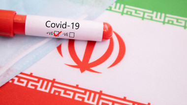 Mask Prevention of Respiratory Disease Caused by Covid-19, Coronavirus or nCov 2019 Protective Mask with positive blood sample on Iran Flag.