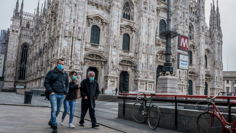 piata domului din Milano și trei turisti cu masca