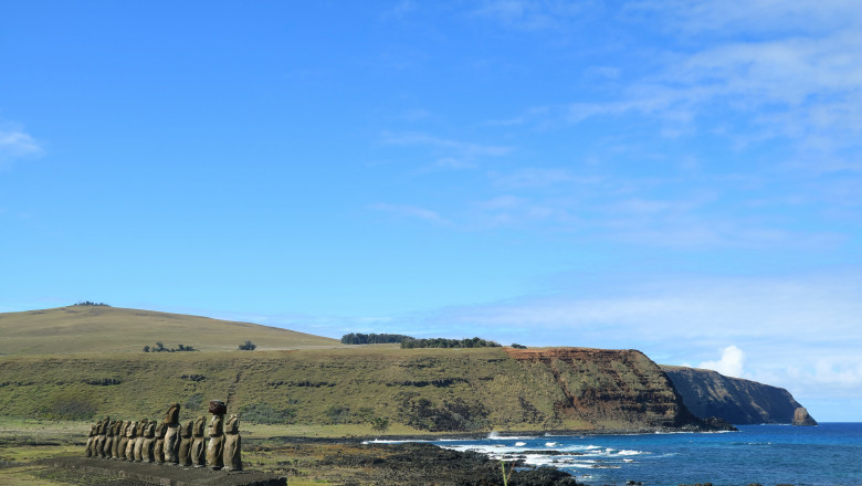 Moai statues of Ahu Tongariki with Pacific ocean in the Backdrop, Archaeological site in Easter Island, Chile, South America