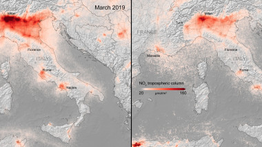 imagini surprinse de satelitul Copernicus, al Agenţiei Europene pentru Spaţiu, care arată reducerea poluării deasupra Italiei, datorate coronavirusului