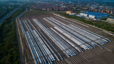 Aerial view of Hundreds of high-speed trains standing in line at Wuhan railway station, middle China's Hubei Province, 7th April, 2020. Wuhan railway office estimates 55 thousands people will departs Wuhan by train on 8th April, and after tomorrow, the external traffic from Wuhan will restarts step by step., Image: 512918494, License: Rights-managed, Restrictions: *** World Rights Except China (including Hong Kong, Macau, and Taiwan) and France ***, Model Release: no, Credit line: ChinaImages / ddp USA / Profimedia