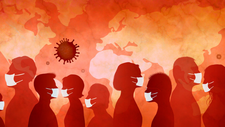 ilustrație cu siluete de oameni care poartă măști în timpul pandemiei de coronavirus, COVID-19