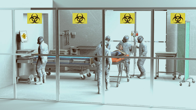 Hospital scene, hospitalization for emergency contagion risk. Coronavirus. Doctors in protective suits and masks to cover the face.