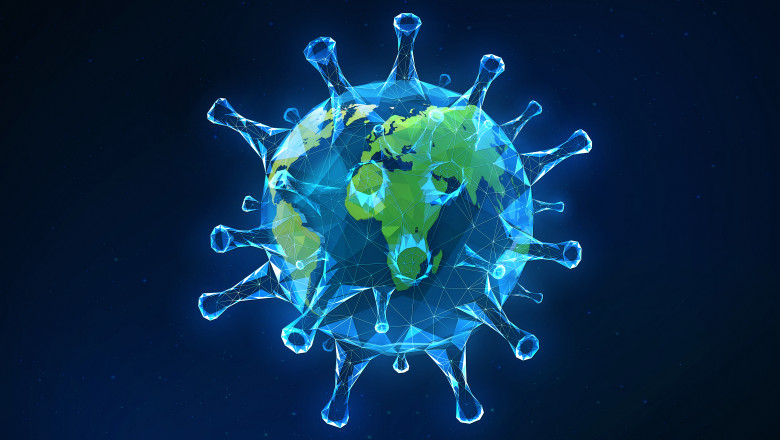 ilustrație glob pământesc acoperit de virus