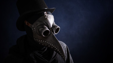 Masked man plague doctor, head profile, with bird mask and hat. Vintage style. Biohazard concept.
