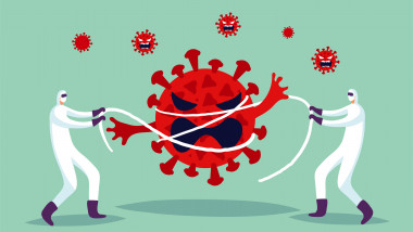 Concept illustration, two doctors are fighting the spread of the virus during the pandemic CoVID-19. The fight against the virus, a poster in a cartoon style. Vector illustration.