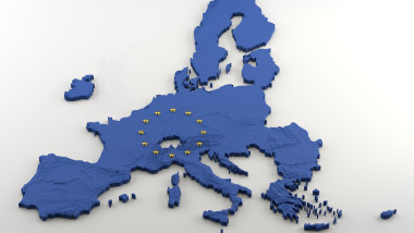 Extruded political Map of European Union with relief without United Kingdom after anticipated Brexit. Texture made of Blue EU flag with gold stars incrusted in 3D shape on a white background.