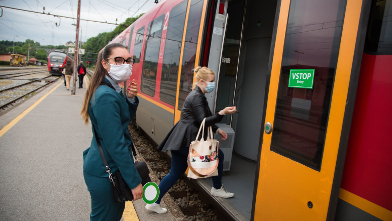 A conductor looks on while wearing a face mask as preventive measure during the public transportation resume. Public transport in Slovenia resumed after two months of Coronavirus (COVID-19) lockdown. Public Transportation resumed after COVID-19) lockdown in Kranj, Slovenia - 11 May 2020, Image: 518585195, License: Rights-managed, Restrictions: , Model Release: no, Credit line: Luka Dakskobler/SOPA Images / Shutterstock Editorial / Profimedia