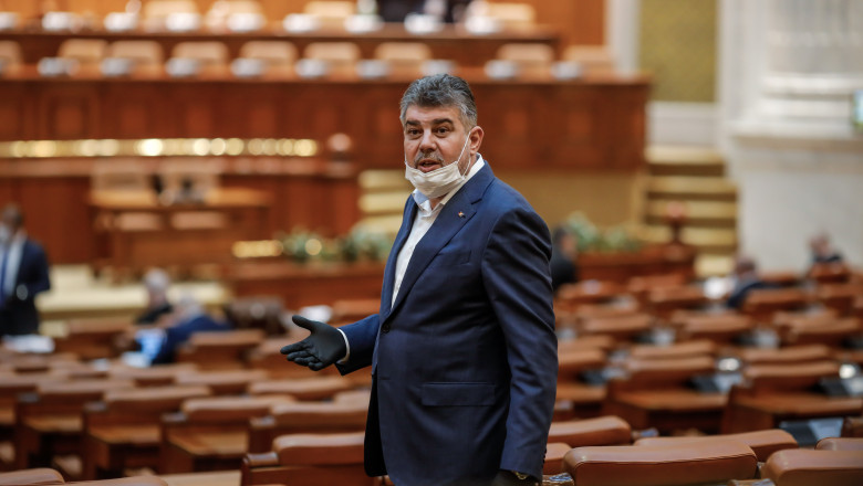 Marcel Ciolacu, cu masca de protectie sub bărbie, in parlament