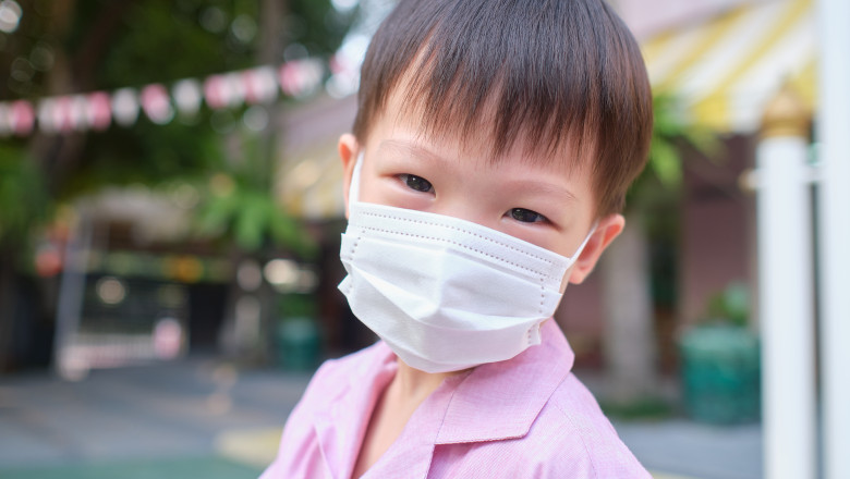 Little Asian toddler boy child wearing protective medical mask at school, Concept of coronavirus quarantines and Air pollution pm2.5 concept