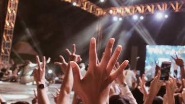mulțime de oameni cu mâinile ridicate în timpul unui concert