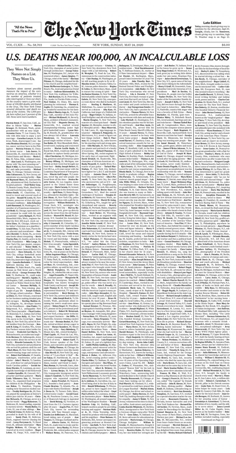 New York Times şi-a umplut prima pagină cu nume de persoane decedate din cauza COVID-19