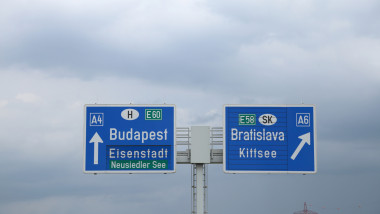 highway sign on the border between Hungary and Slovakia with dir