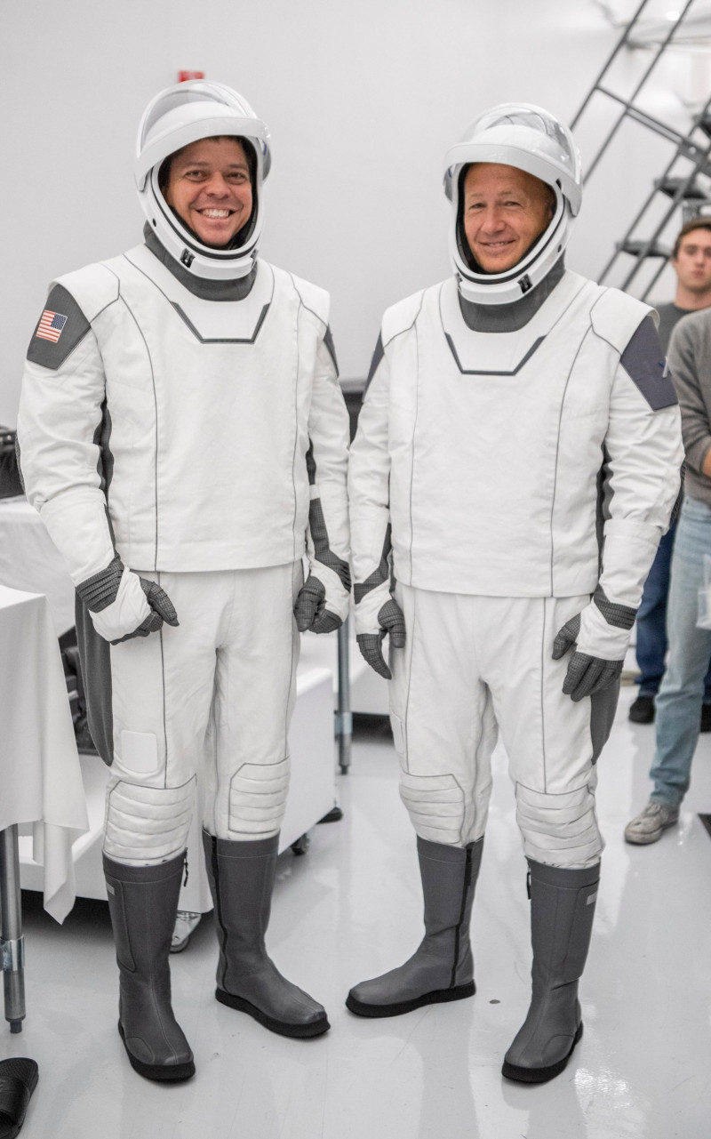 NASA astronauts Bob Behnken, left, and Doug Hurley wear the SpaceX launch suits during a training exercise for the Commercial Crew launch at the Kennedy Space Center July 31, 2019 in Cape Canaveral, Florida.