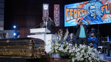 Attorney Benjamin Crump speaks during a memorial service for George Floyd at North Central University in Minneapolis on Wenesday, June 4, 2020.,Image: 527152869, License: Rights-managed, Restrictions: , Model Release: no