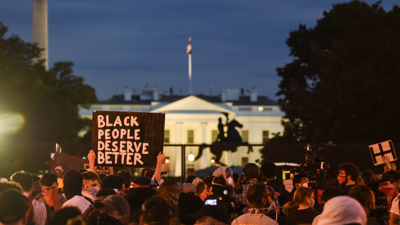 Demonstrators protests the death of George Floyd near Lafayette Square across the White House on June 2, 2020 in Washington, DC.D Anti-racism protests have put several US cities under curfew to suppress rioting, following the death of George Floyd in police custody.,Image: 526054656, License: Rights-managed, Restrictions: , Model Release: no