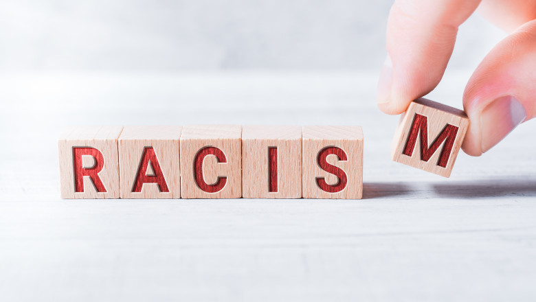 The Word Racism Formed By Wooden Blocks And Arranged By Male Fingers On A White Table