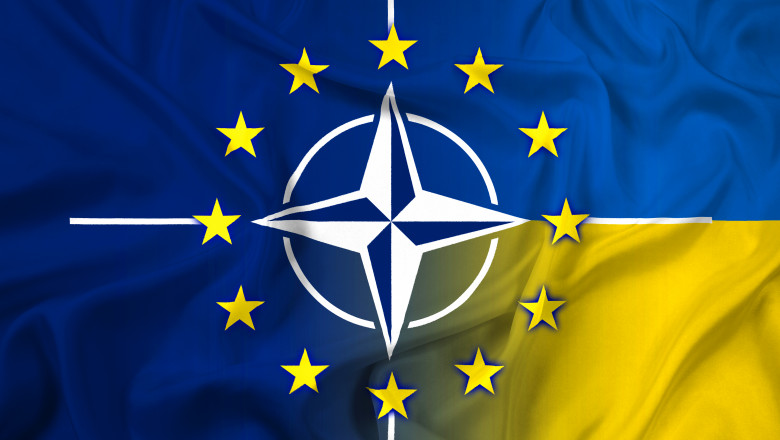 Waving Nato, EU and Ukraine Flag