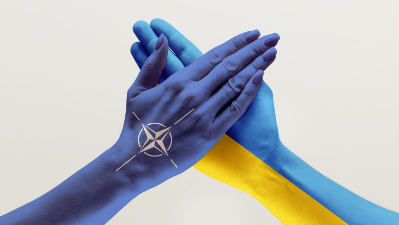 maini unite cu steagurile nato si ucraina desenate