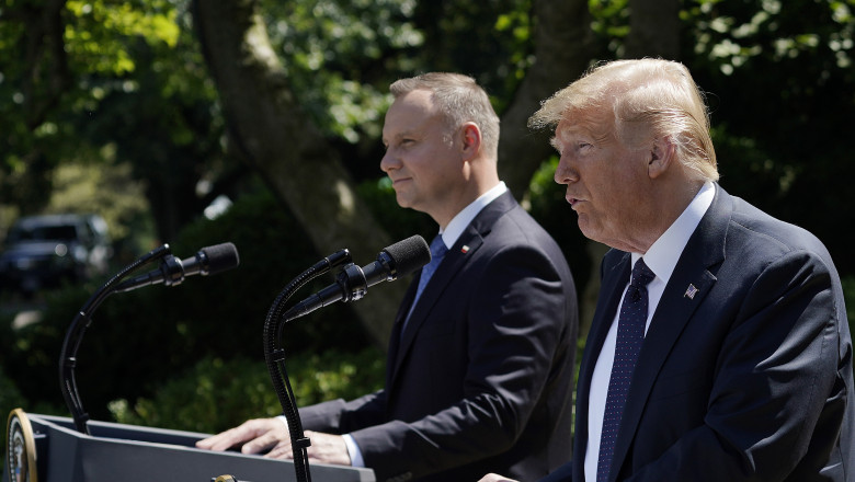 WASHINGTON, DC - JUNE 24: U.S. President Donald Trump (R) and Polish President Andrzej Duda address the media during a joint press conference in the Rose Garden of the White House on June 24, 2020 in Washington, DC. Duda, who faces a tight re-election contest in four days, is President Trump's first world leader visit from overseas since the coronavirus pandemic began. (Photo by Drew Angerer/Getty Images)