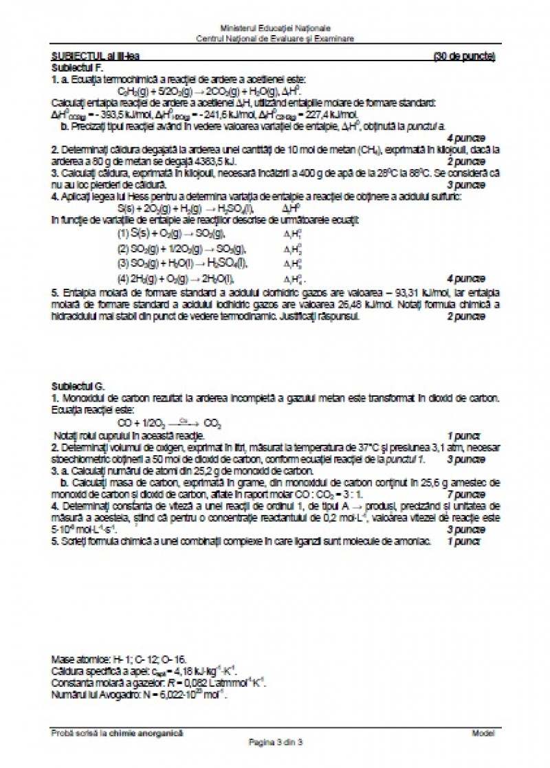 Model subiecte la Chimie Anorganică BAC 2020