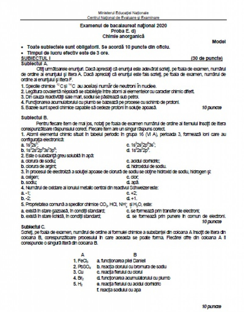 Model subiecte la Chimie Anorganică BAC 2020