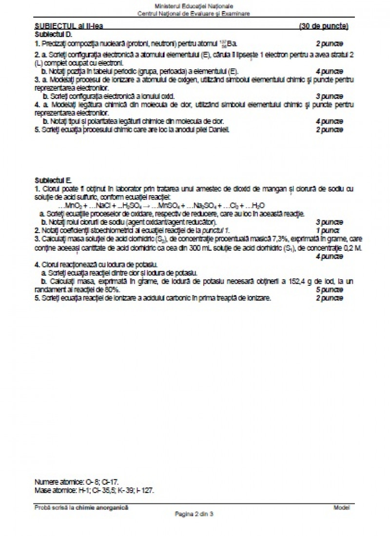 Model subiecte la Chimie Anorganică BAC 2020