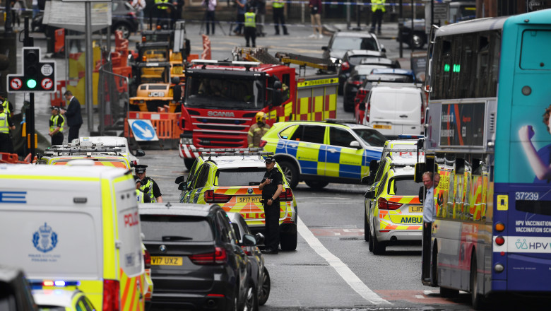 GLASGOW, SCOTLAND - JUNE 26: A general view of emergency services at the scene after there were initial reports of three people being killed in a central Glasgow hotel on June 26, 2020 in Glasgow, Scotland. A knifeman stabbed three people in the stairwell of the Park Inn Hotel on West George Street, Glasgow before being shot dead by armed police. The Scottish Police Federation (SPF) said an officer was stabbed during the major incident. (Photo by Jeff J Mitchell/Getty Images)