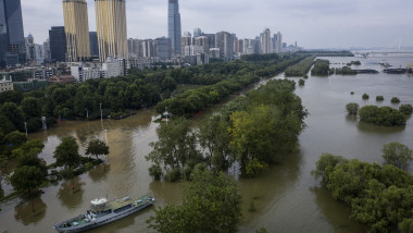 WUHAN, CHINA - JULY 13: (CHINA OUT) A drone view of flooded Jiangtan park caused by heavy rains along the Yangtze river on July 13, 2020 in Wuhan, The water level at Hankou station on the Wuhan section of the Yangtze River has reached 28.77 meters, the fourth highest in history. (Photo by Getty Images)