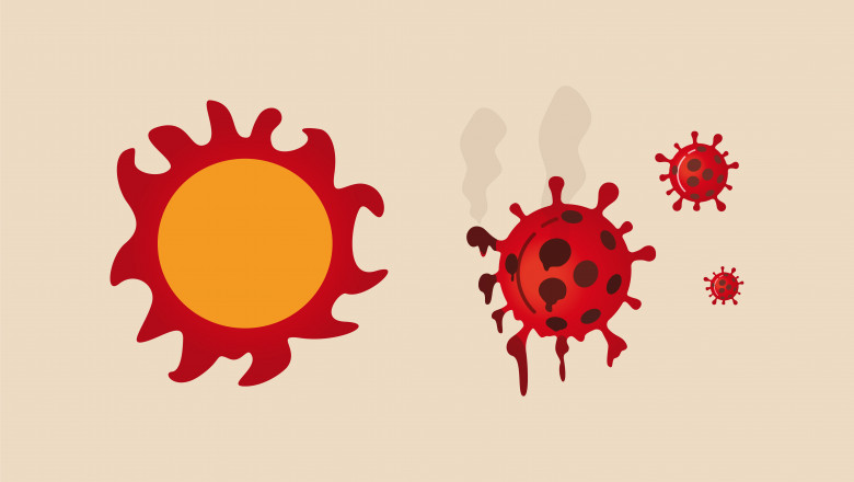 Summer sun light kill and reduce infection rate of Coronavirus COVID-19 outbreak crisis concept, Red heat hot sun shinning and burn to melt COVID-19 Coronavirus pathogen
