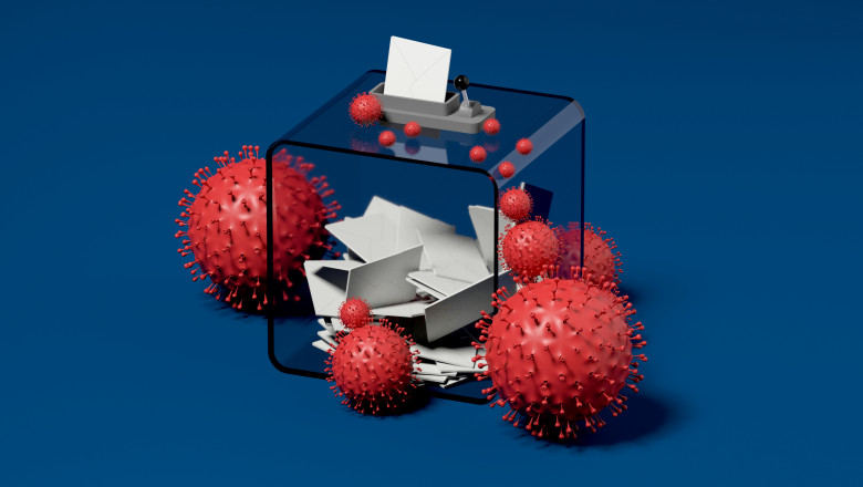 ballot box and viruses blue background 3D rendering
