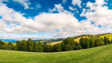 panorama of beautiful autumn countryside. forest row of trees on the grassy meadow. gorgeous sky above the distant rolling hills. wonderful september day for a walk or hike