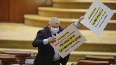 deputatul florin roman cu cartoane care arata rezultatele guvernarii PSD