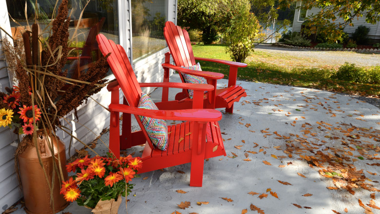 Two Red Chairs on Patio in the Autumn (New Brunswick Canada)