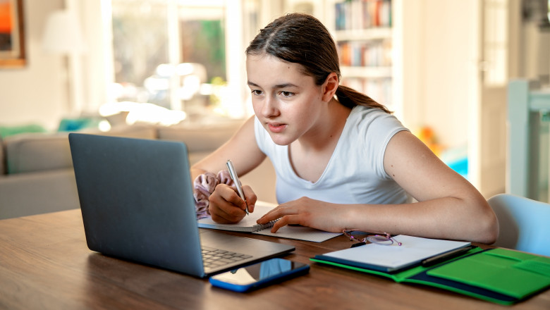 o eleva participa la scoala online in fata laptopului