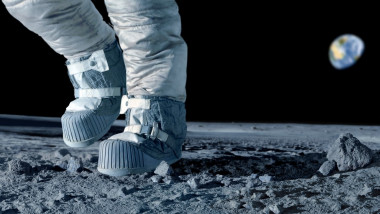 Astronaut care pășește pe Lună. Pământul este vizibil în spate.