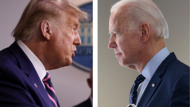 Colaj din două fotografii, în stânga președintele Donald Trump, iar în dreapta fostul vicepreședinte Joe Biden, din profil.