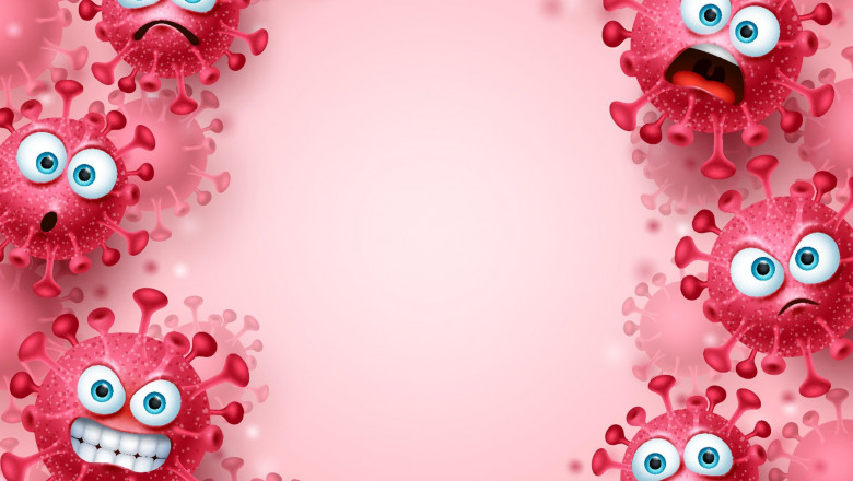 emoji covid rosii pe un fond roz