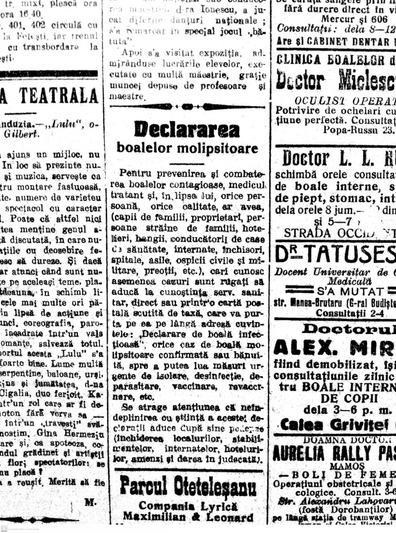 știre Universul, 5 iulie 1919, despre gripa spaniolă în România