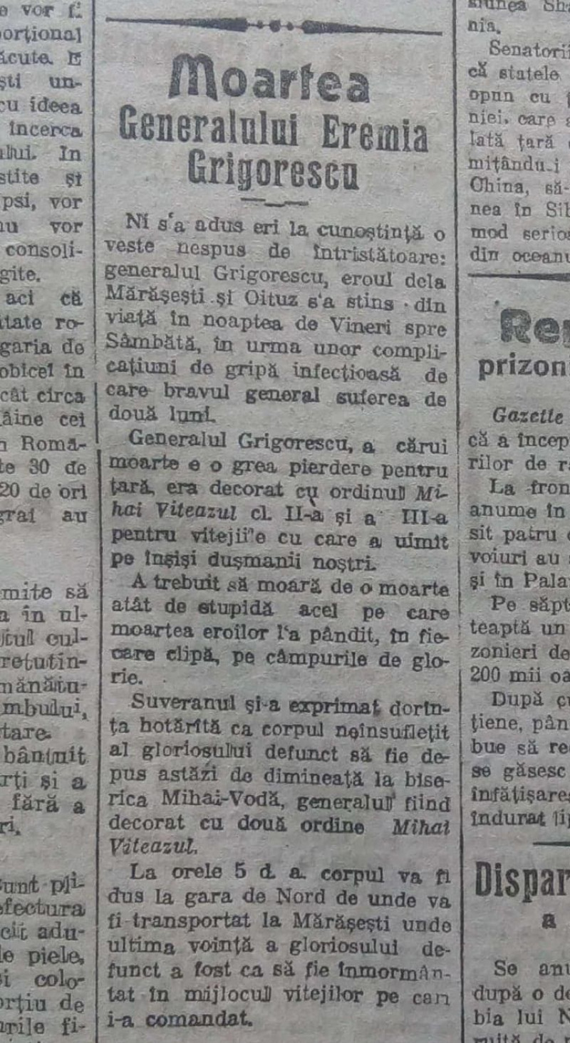 știrea din „Universul” de pe 21 iulie 1919 despre moartea generalului Eremia Grigorescu, mort de gripă spaniolă