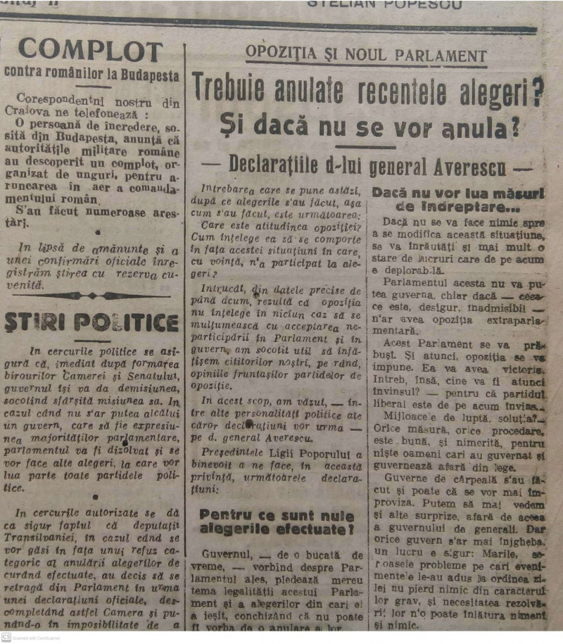 deschidere de ziar Opoziția cere anularea alegerilor, „Universul”, 15 noiembrie 1919