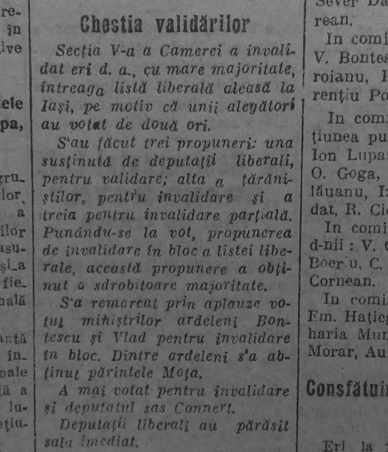 știre „Univesul” din noiembrie 1919 despre criza politică