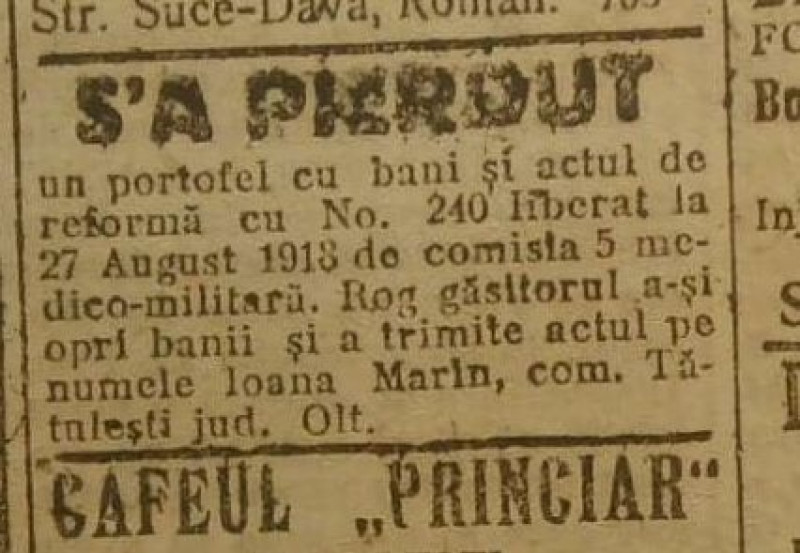 anunț pierdere portofel august 1919, ziarul „Universul”
