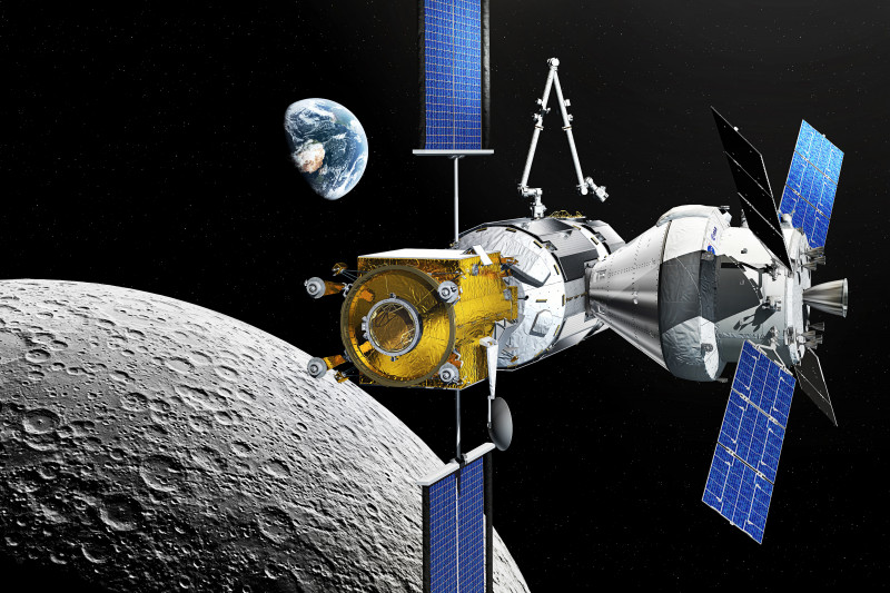 ilustraţie cu staţia spaţială Gateway pe care NASA o va construi pe orbita Lunii