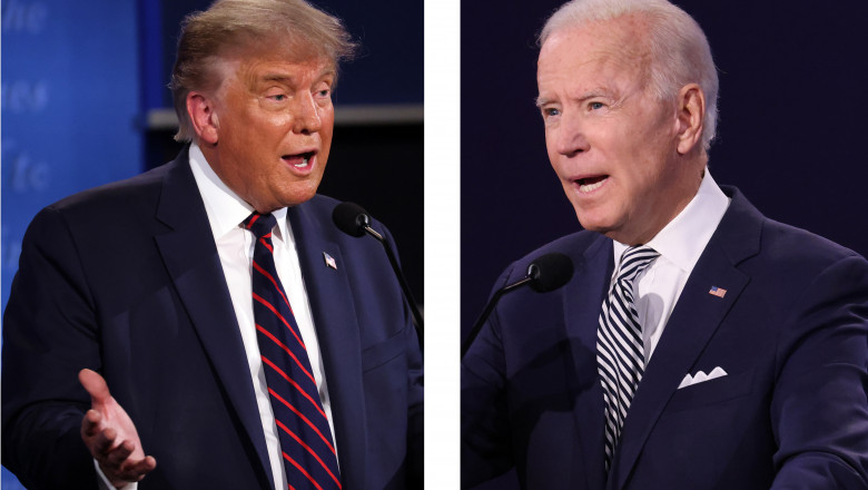 Colaj foto Președintele Donald Trump și fostul vicepreședinte Joe Biden în timpul primei dezbateri prezidențiale înainte de alegerile prezidențiale americane din 2020
