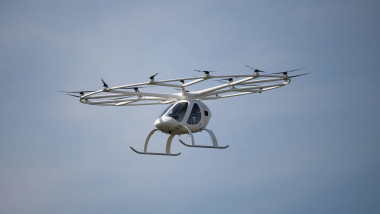 Stuttgart, Germany. 14th Sep, 2019. A so-called Volocopter flies before blue sky. The electrically powered vehicle, which looks like a mixture of helicopter and drone, has completed a test flight in the state capital of Baden-Wrttemberg. Credit: Marijan M