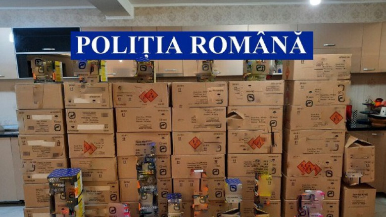 cutii cu obiecte pirotehnice capturate de poliția romana