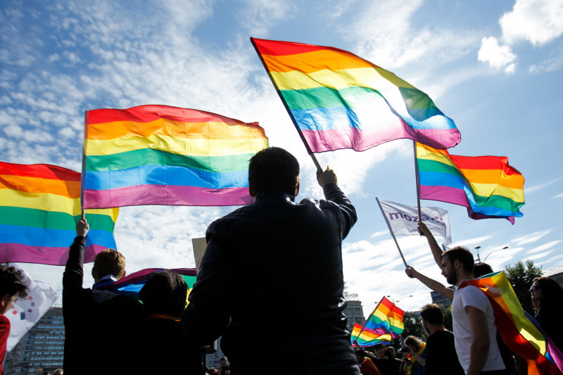 persoane flutura steaguri curcubeu la un miting pentru susţinerea drepturilor minorităţilor sexuale