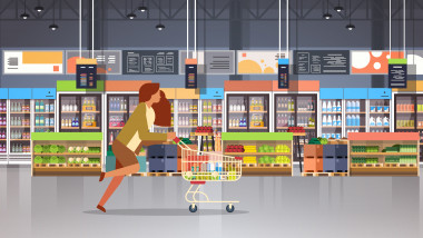 animatie grafica femeie alearga cu caruciorul in supermarket